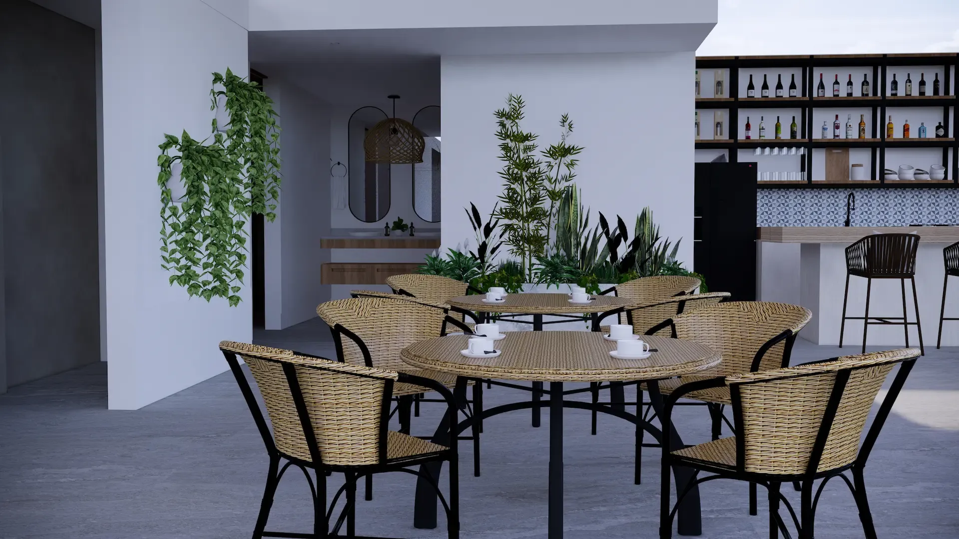 Área común techada con palapa, mesas y sillas de madera para descanso