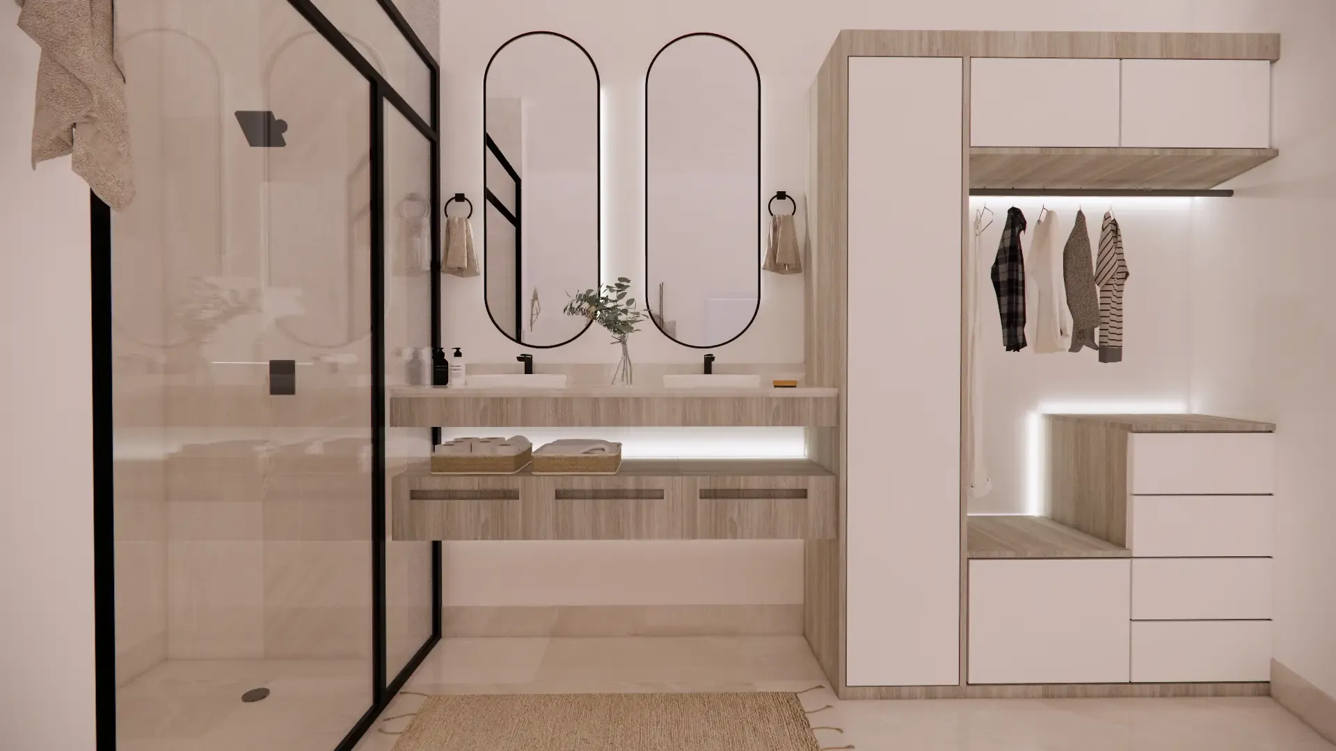 Baño con regadera, clóset y espejo, acabados en mármol y madera