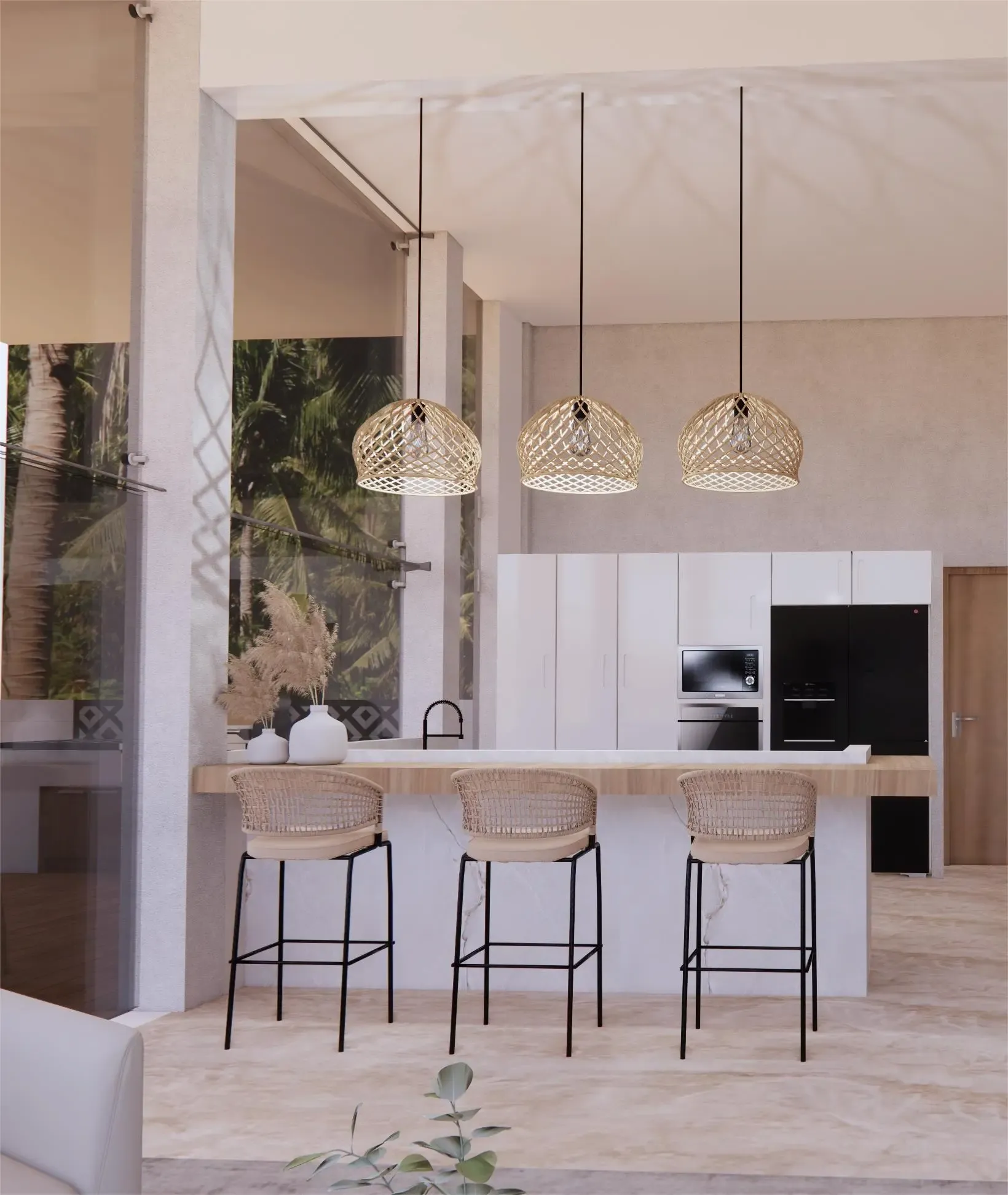 Cocina con lámparas colgantes, acabados de lujo en madera y piedra