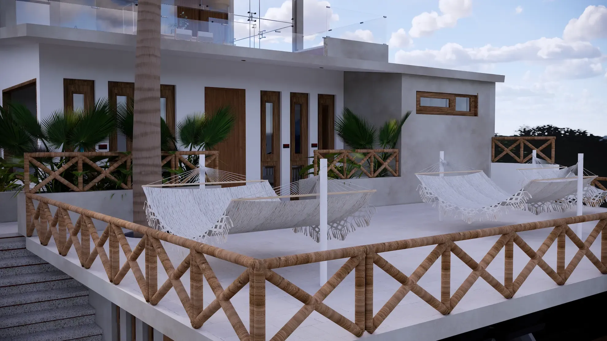 Hamacas colgantes en terraza exterior con sombra natural y tranquilidad