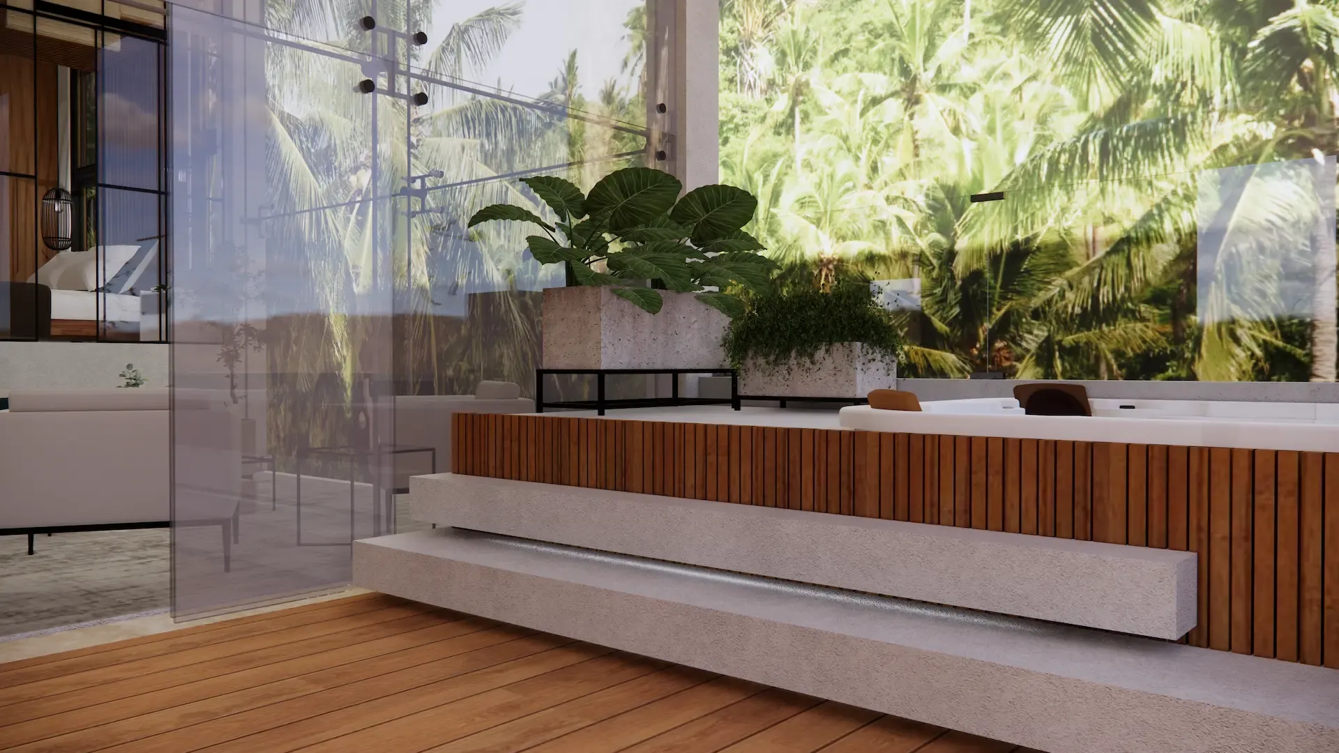 Jacuzzi de lujo con acabados en madera y cristal, rodeado de vegetación