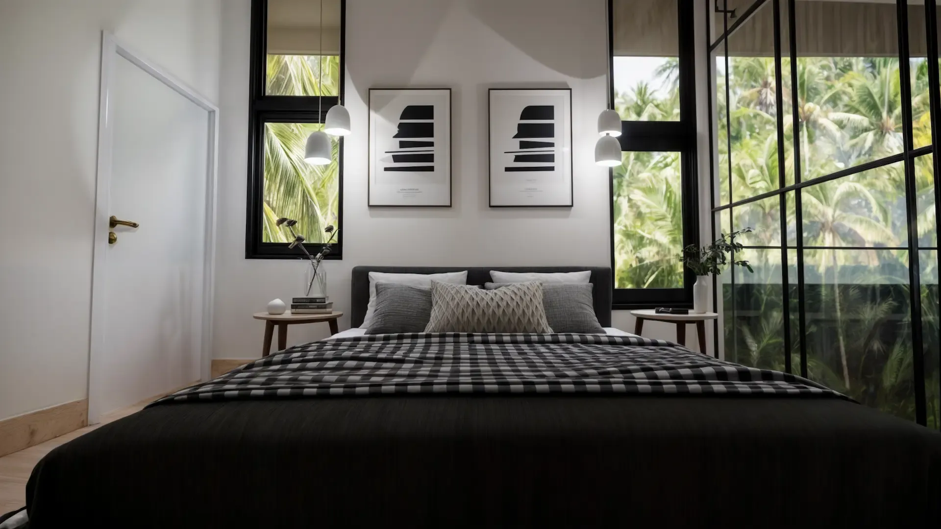 Habitación con cama king size, acabados en madera y vista natural