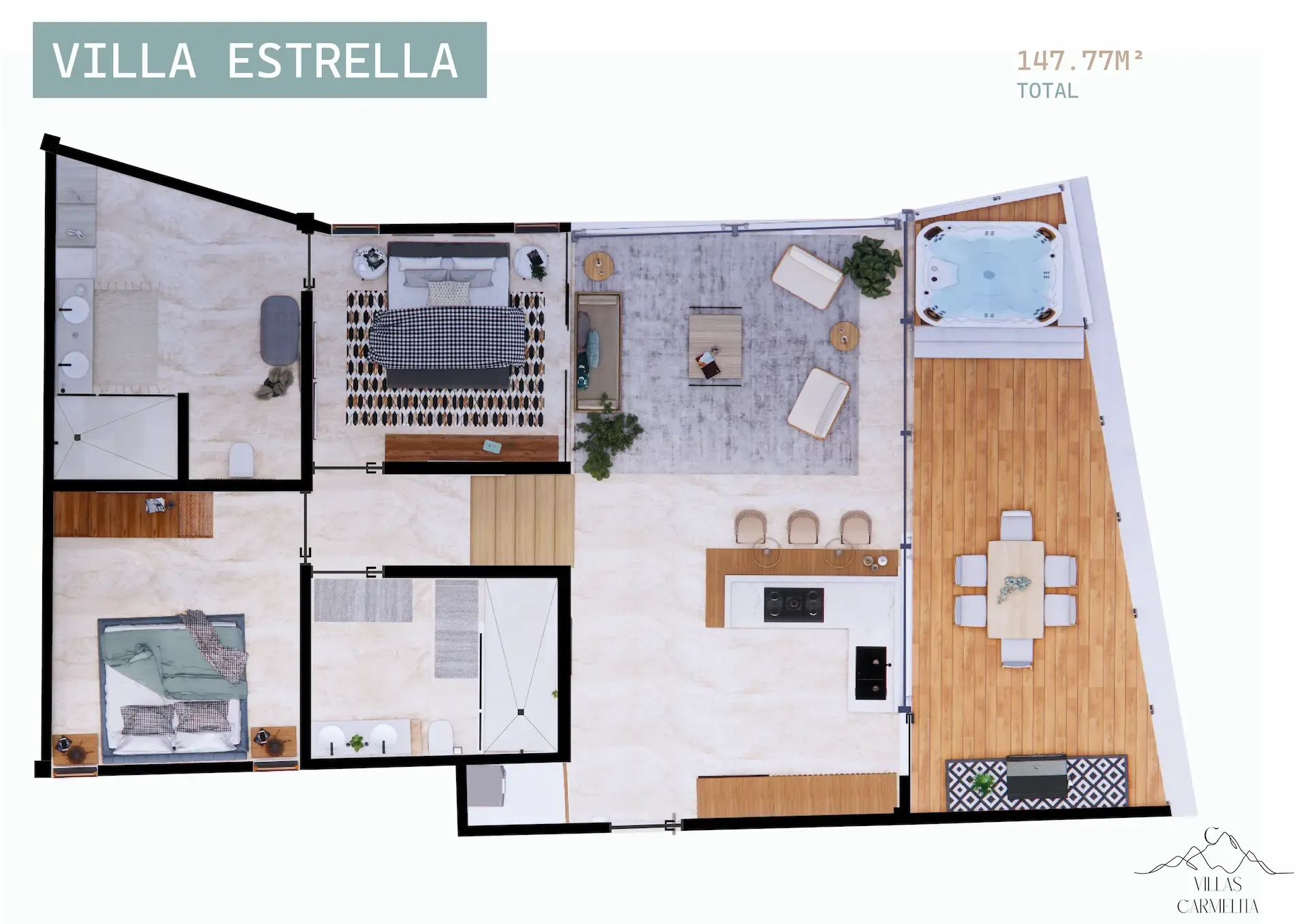 Plano arquitectónico de Villa Estrella integrado al entorno verde