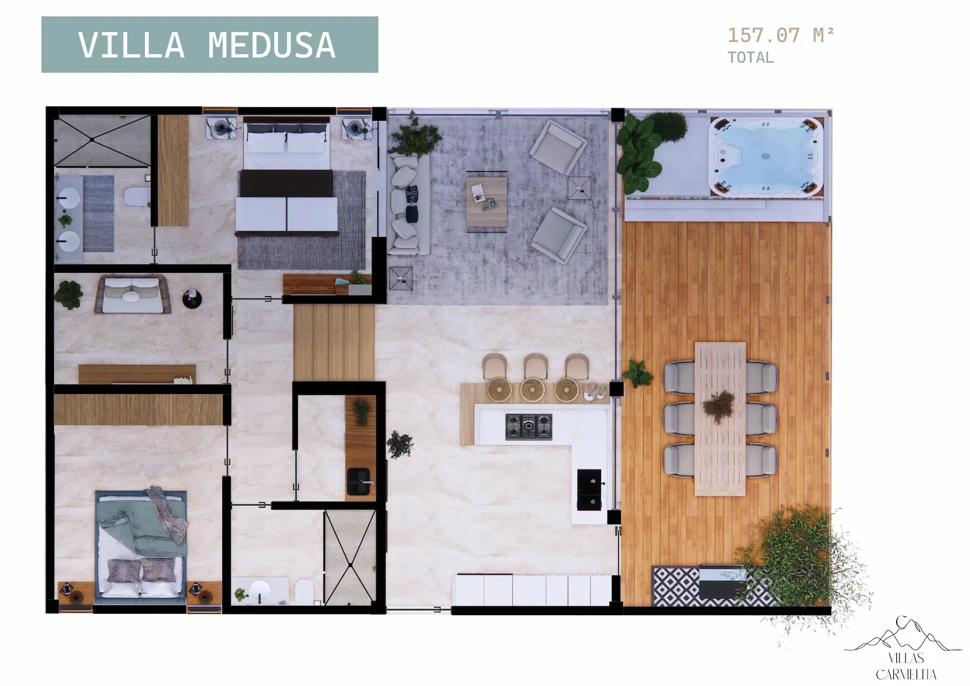 Plano arquitectónico de Villa Medusa con diseño contemporáneo